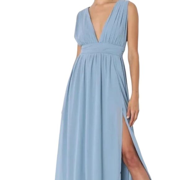 Lulus Dusty Blue Flowy Romantic Sleeveless V-Neck Gown‎ Bridesmaid Maxi Dress S - Picture 1 of 15